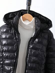 SHEIN 1 Áo khoác có mũ trùm đầu, dáng dài vừa phải, đệm lót cho bé gái tuổi teen, chất lượng cao, thời trang, phù hợp cho mùa thu/đông - màu đen - Xem 7