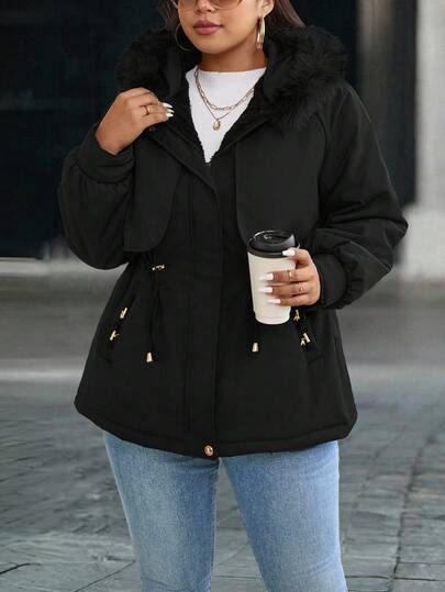 EMERY ROSE Chaqueta casual de invierno con capucha de piel sintética, manga larga y cintura con cordón para mujer de talla grande con estilo urbano chic