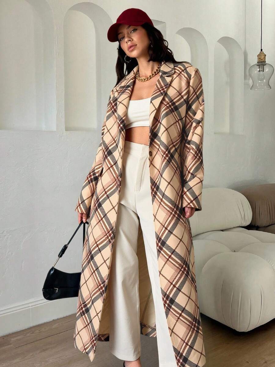 EURMUSE Multicolor Plaid Printed Long H-Line Woolen Coat - Multicolor - View 1