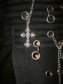 ROMWE Grunge Punk Quần jean lửng rách rưới kiểu vintage với dây xích kim loại cỡ lớn - màu đen - Xem 4