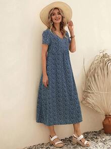 EMERY ROSE 女式夏季度假短袖休閒小花印花裙 - 藏蓝色 - 查看 5