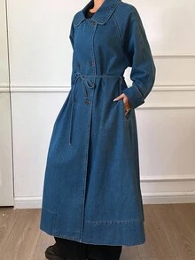 DAZY Women's Long Denim Jacket With Lapel, Autumn - Blue - View 4