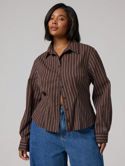 MUSERA Plus Size Striped Cinched Waist Linen Long Sleeve Shirt , Business Casual Autumn Winter Fall