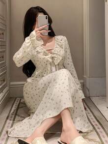 DAZY 女士甜美碎花3D蝴蝶结荷叶边领睡裙，秋季睡衣，冬季 - 米色 - 查看 4