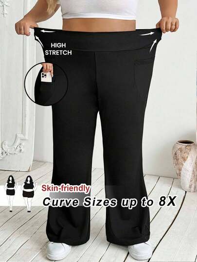 SHEIN CURVE+ 大码女式秋冬返校休闲家居服瑜伽舒适户外纯黑色针织松紧腰高腰口袋喇叭裤，带口袋的紧身裤