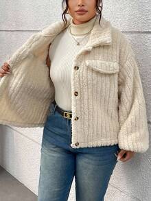 EMERY ROSE Plus Size Women's Flap Detail Button Front Flannel Jacket Winter Fall Autumn - Apricot - View 6