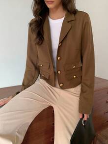 Elyressa 女士优雅法式纹理棕色长袖夹克，适合日常通勤 - 棕色 - 查看 5