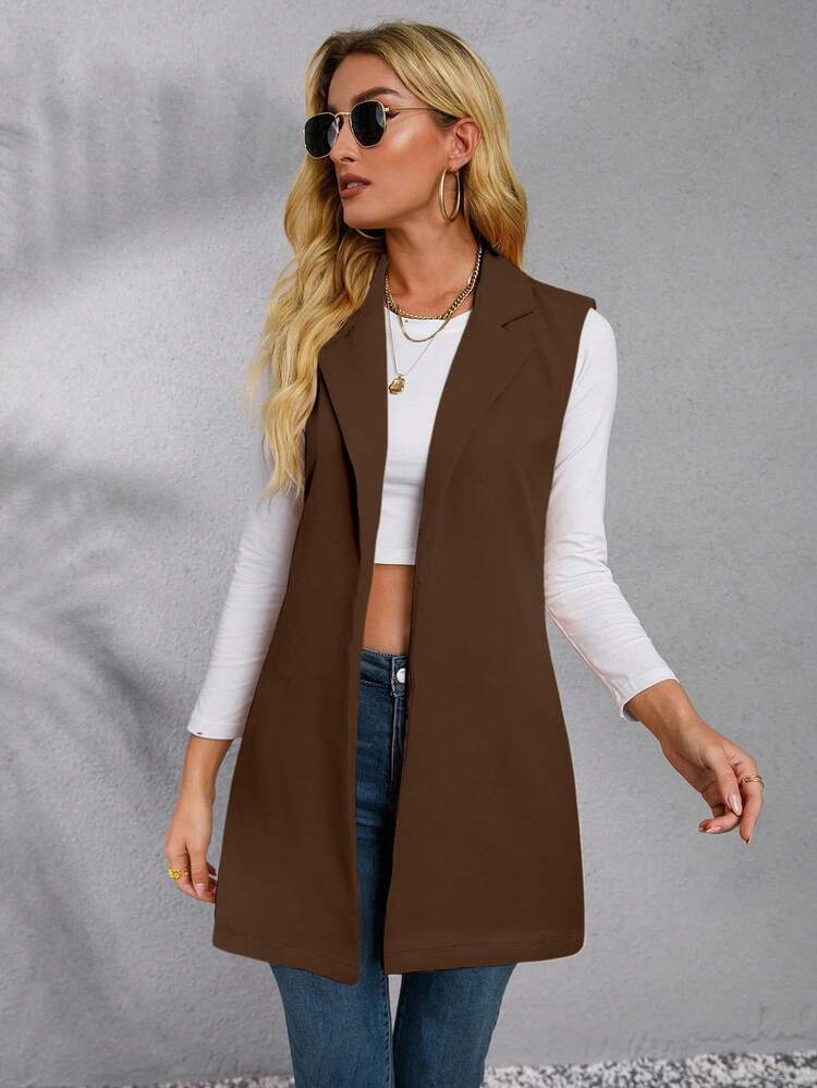 EMERY ROSE 女式纯色斑驳翻领前开襟无袖休闲西装外套 - 棕色 - 查看 5