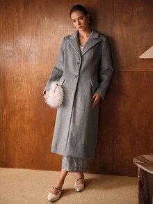 MOTF PREMIUM WOOL ELEGANT LONG OVERCOAT WITH LAPEL, DOUBLE-BREASTED, RHINESTONE DECOR, AUTUMN/WINTER - Grey - View 5