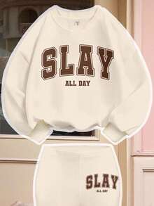 SHEIN Leap Crew Cream Chic Chic，青少年女孩休闲“SLAY ALL DAY”字母图案厚实柔软宽松圆领卫衣和喇叭裤两件套，适合秋冬，Chill Chill，适合日常、居家、外出、街拍、校园