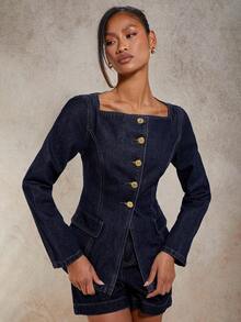 COSMINA Áo denim nữ cổ vuông tay dài, cài nút đơn thời trang, mùa thu - Rửa tối - Xem 5
