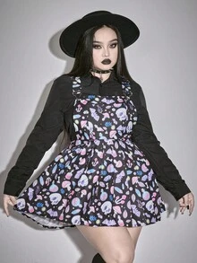 ROMWE Kawaii 加大码卡哇伊深色洛丽塔风格百褶裙骷髅和药水瓶印花吊带连衣裙 - 黑色 - 查看 1