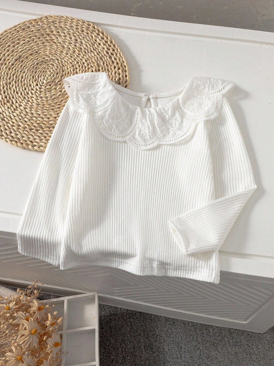 Genkimix Kids Áo thun tay dài vải gân cho bé gái có cổ viền ren, thoải mái, thời trang thanh lịch, phù hợp cho mùa xuân, thu, đông - trắng - Xem 1