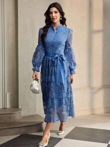 ZEYLAH Women's Elegant Solid Color Lace Midi Dress - Blue - View 5