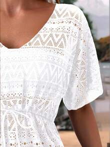 Swim Lushoire Hollow Out Drawstring Waist Cover Up Dress Without Bikini Summer - White - View 3