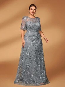 Serin 大码优雅浪漫奢华串珠刺绣圆领 3/4 袖 A 字下摆连衣裙，适合晚会、约会、舞会、度假、婚礼、新娘母亲礼服 - 灰色 - 查看 4