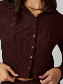 MISSGUIDED Ribbed Knit Button Front Crop Cardigan Hot Pants Set Winter Co-Ord Fall Lounge Wear Casual Fashion - Coffee Brown - View 6