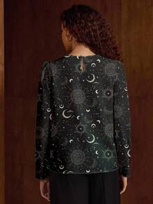 Shutterstock Glamance Black Tarot Astrology Print Long Sleeve Women Shirt, Autumn Chic Stylish Clothing Collection - Multicolor - View 2