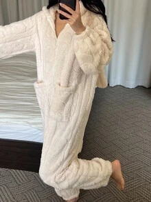 DAZY 女士毛绒连帽兔耳连体睡衣，秋冬款 - 米色 - 查看 5