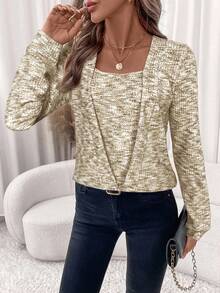 SHEIN Clasi Women's Elegant Pink Waffle Knit Crew Neck Sweatshirt - Multicolor - View 5