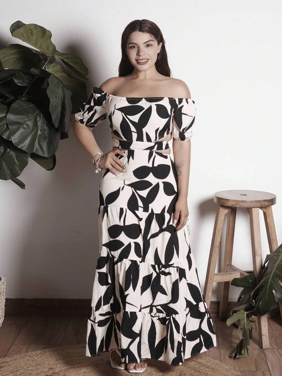 Lupita Cardoza 女士露肩系带镂空度假连衣裙(不对称花卉印花) - 杏色 - 查看 1