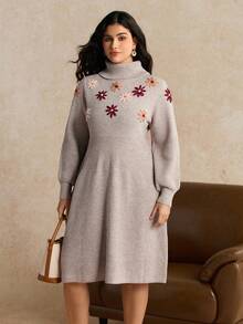 SHEIN LUNE Plus Size Floral Embroidered Turtleneck Lantern Sleeve Knit Midi Dress, Elegant & Slimming, Autumn/Winter - Camel - View 5