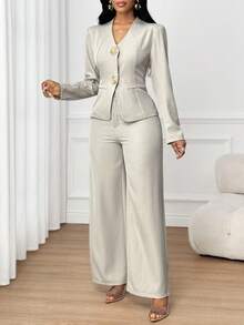 SHEIN Lady Women's Elegant Commuter Metal Trim Buckle V-Neck Fit Jacket And Straight Leg Pants Suit Two Pieces Solid Color Casual Can Be Worn All Seasons Teacher Outfits For Women Business Casual Woman Vacation Outfits Women Office Outfits For Women Lounge Sets For Women Fall Women Clothes Church Outfits Women Airport Outfit For Women Concert Outfits For Women Vacation Two Pieces Set Old Money Style