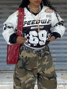 Rovax Women's Casual V-Neck Oversized Long Sleeve Sweatshirt With Numeric Print, Autumn