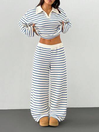 SHEIN PETITE Ensemble 2 pièces pour femmes, t-shirt à manches longues à col V et épaules dénudées rayé ample et pantalon rayé à taille élastique, ensemble pull d'hiver, automne/hiver