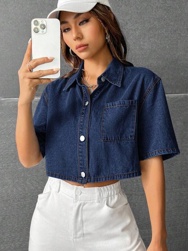 SHEIN EZwear Women's Casual Washed Cropped Denim Shirt