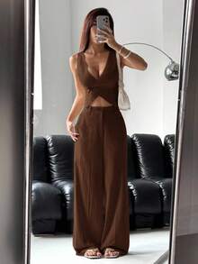 SHEIN EZwear 女士秋冬休闲棕色单排扣背心和裤子套装 - 棕色 - 查看 3