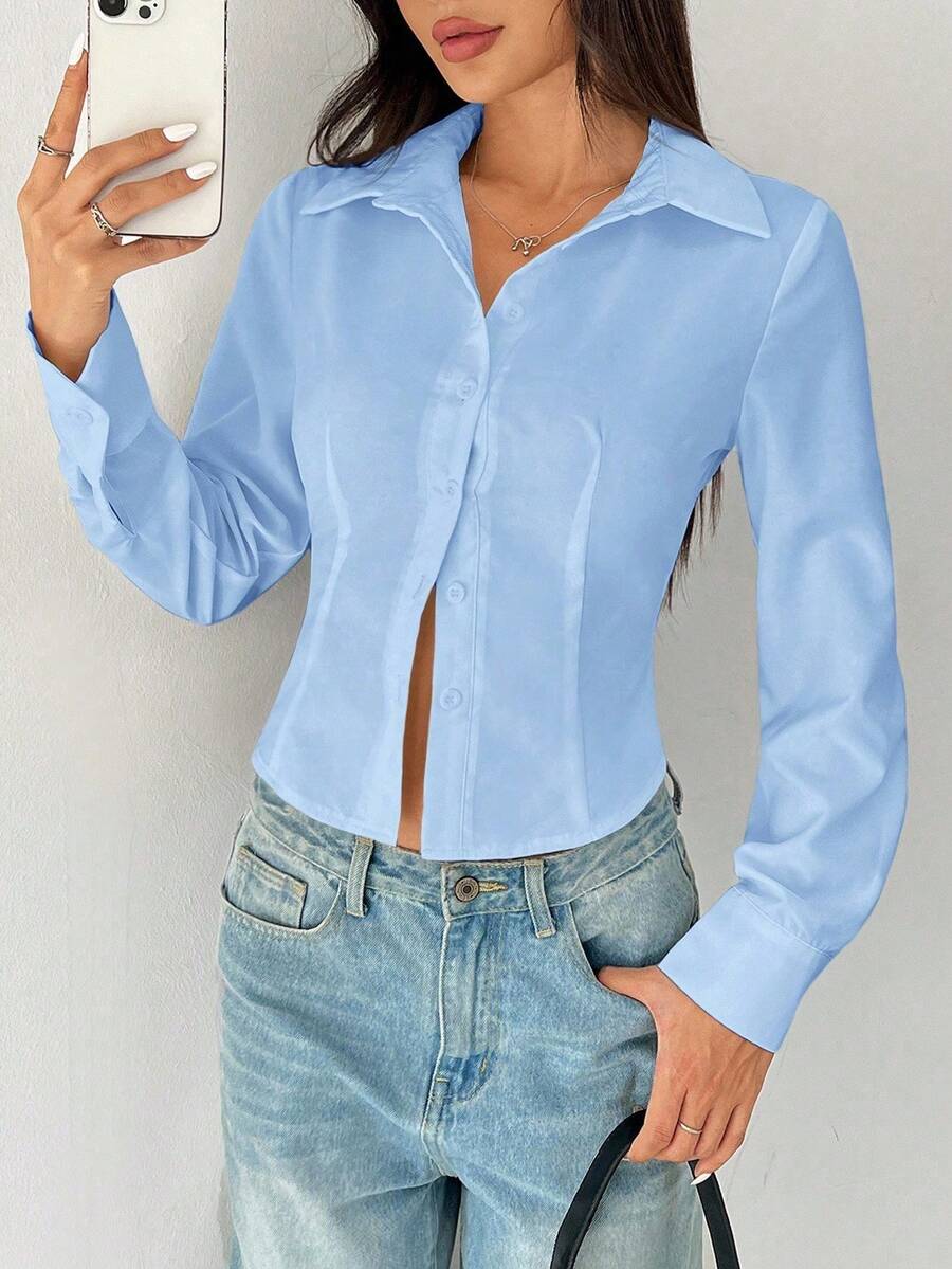 SHEIN EZwear 大码女士休闲商务简约百搭纯色长袖修身衬衫,适合工作通勤,春秋季 - 淺藍色 - 查看 1