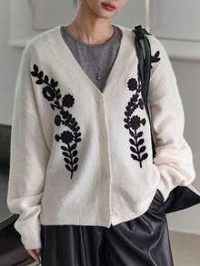 DAZY Women's V-Neck Cardigan Sweater With Colorblock And 3D Floral Decor, Casual And Youthful - White - View 3