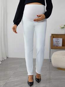 SHEIN Adjustable Waist Frayed Hem Maternity Skinny Casual Jeans - White - View 7