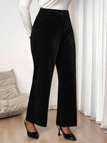 SHEIN Tall CURVE 加大码裤子 优雅天鹅绒裤 黑色天鹅绒裤 天鹅绒裤 女式阔腿裤 - 黑色 - 查看 6