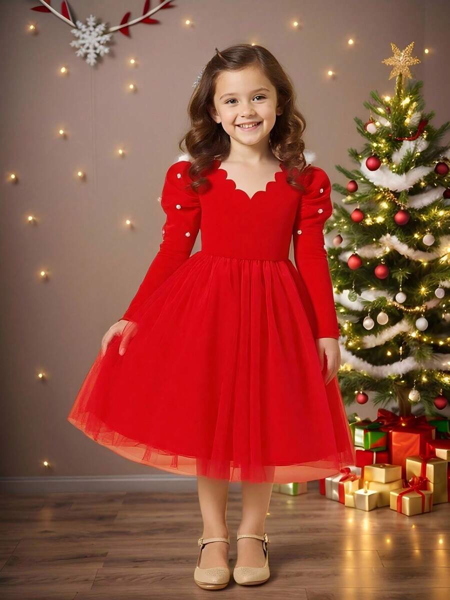 Glamorique Kids 女童优雅高端长袖连衣裙，羊腿袖设计搭配珍珠装饰，适合日常穿着、派对、圣诞节，展现优雅高贵的气质 - 紅色 - 查看 1