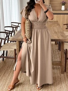 Weeklong Đầm thường ngày màu trơn cổ chữ V tay ngắn cỡ lớn, phù hợp cho mùa hè - Màu Khaki - Xem 1