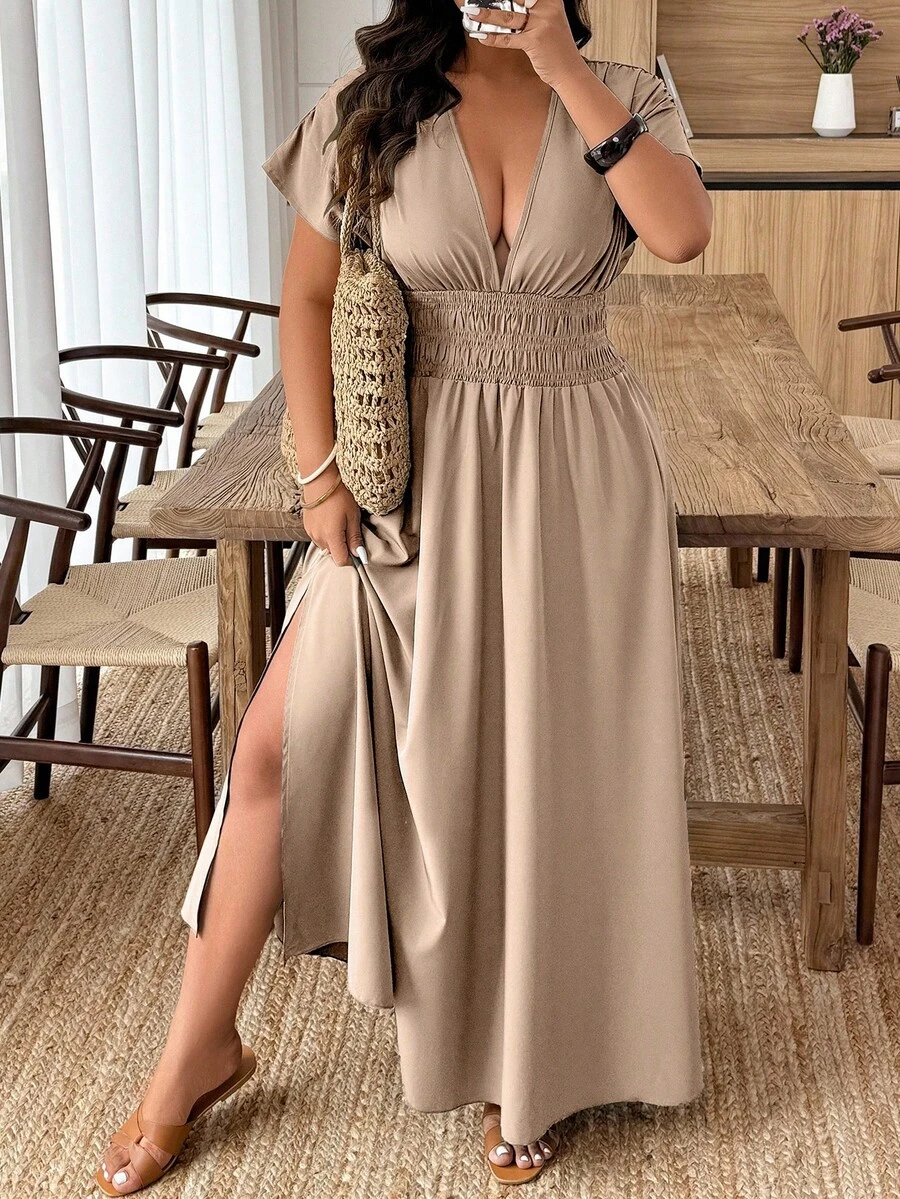 Weeklong Đầm thường ngày màu trơn cổ chữ V tay ngắn cỡ lớn, phù hợp cho mùa hè - Màu Khaki - Xem 1