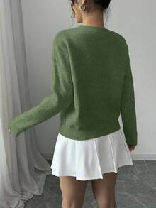Elenzga Áo len chui đầu cổ tròn họa tiết hoa màu trơn cho nữ - màu xanh lá - Xem 2