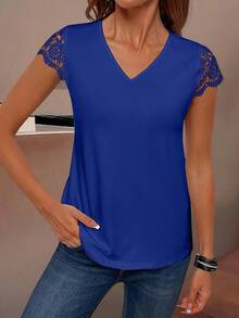 EMERY ROSE Women Plain Color Hollow Panel Casual Short Sleeve Top, Everyday Wear - Royal Blue - View 7