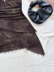 Soleia Váy ngắn ngày lễ lãng mạn cổ chữ V buộc dây phối lưới xếp nếp cổ điển ombre gợi cảm dành cho nữ - màu nâu - Xem 7