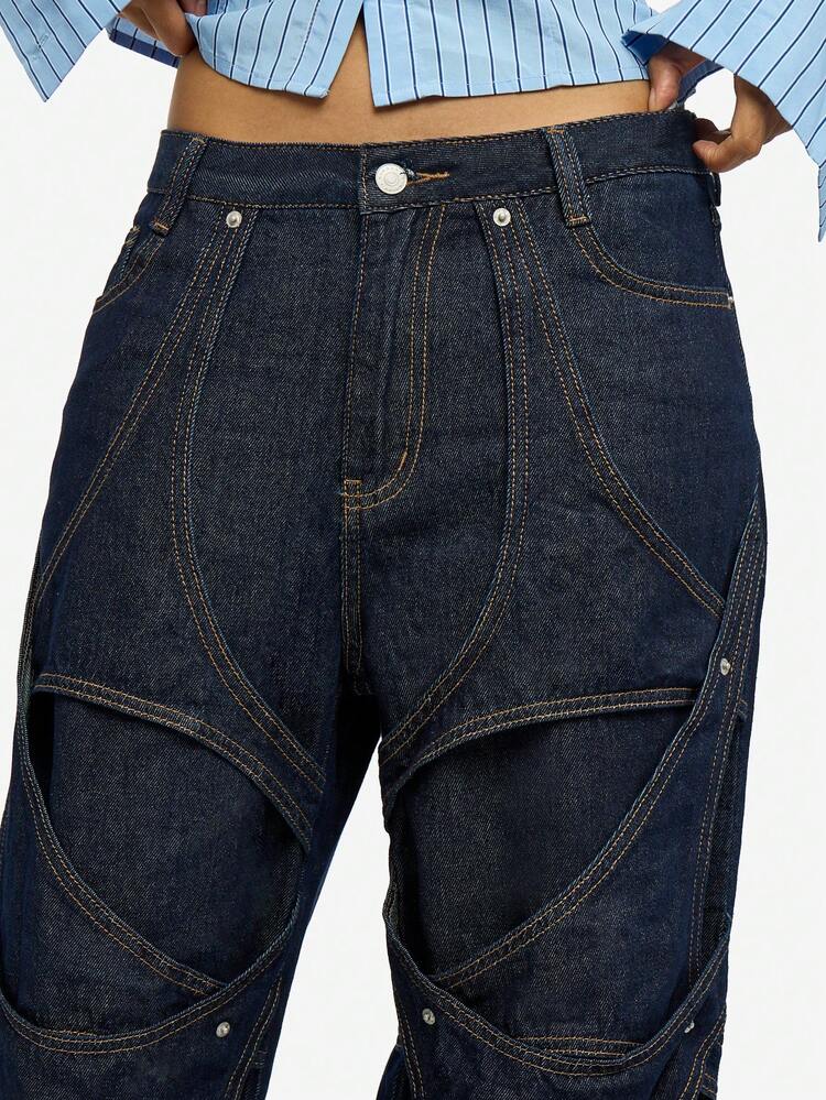 SUMWON WOMEN Applique Wide Leg Denim Jeans With Deconstructed Details