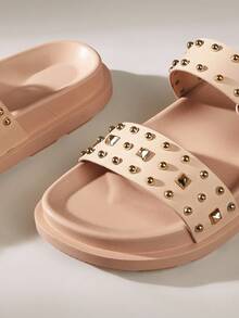 Solecia Women's New Studded Double Strap Inflated Sole Gold Buckle Lotus Root Pink Sandals, Casual Holiday Vacation Style - Dusty Pink - View 5