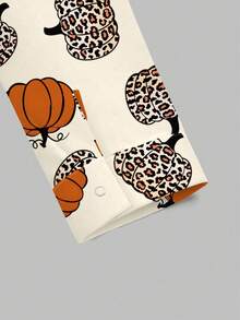 PopScrub Women's Halloween Orange & Leopard Print Pumpkin Pattern Digital Print Casual Nursing Scrub Uniform Jacket, Spring/Autumn - Multicolor - View 3