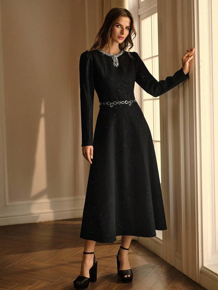 CONTRAST SEQUIN BELTED DRESS