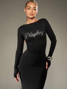 Missguided x Playboy فستان ماكسي طويل الأكمام مناسب للشكل مع نص مرصع بالراين وظهر مشدود للحفلات المسائية وحفلات النوادي والمناسبات الرسمية - الأسود - مشاهدة 3
