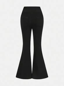 SHEIN Serisse Kids Quần tập yoga bó sát, co giãn, lưng cao màu đen trơn dành cho bé gái tuổi teen, có túi và giá đỡ điện thoại, quần ống loe đa năng để mặc khi đi chơi và hoạt động ngoài trời hàng ngày - màu đen - Xem 3