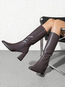 Fashion Boots para Mujer, Bota Alta con Tacón Grueso y Punta Fina, Estilo Elegante y Moderno, Disponibles en Diferentes Colores, Cierre Lateral, Comodidad y Estilo para Otoño/Invierno, Perfectas para Looks Casual o Formal - Marrón Chocolate - Ver 3