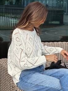 DAZY 女士时尚休闲镂空圆领宽松针织毛衣秋冬 - 米色 - 查看 5