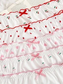 PetitDoll 5pcs/Pack Women Plus Size Printed Ruffle Trim Bow Tie Comfortable Bikini Briefs